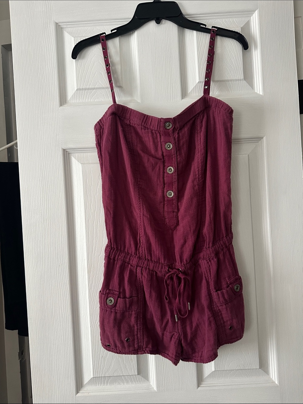GUESS Plum Button-Front Drawstring Romper
